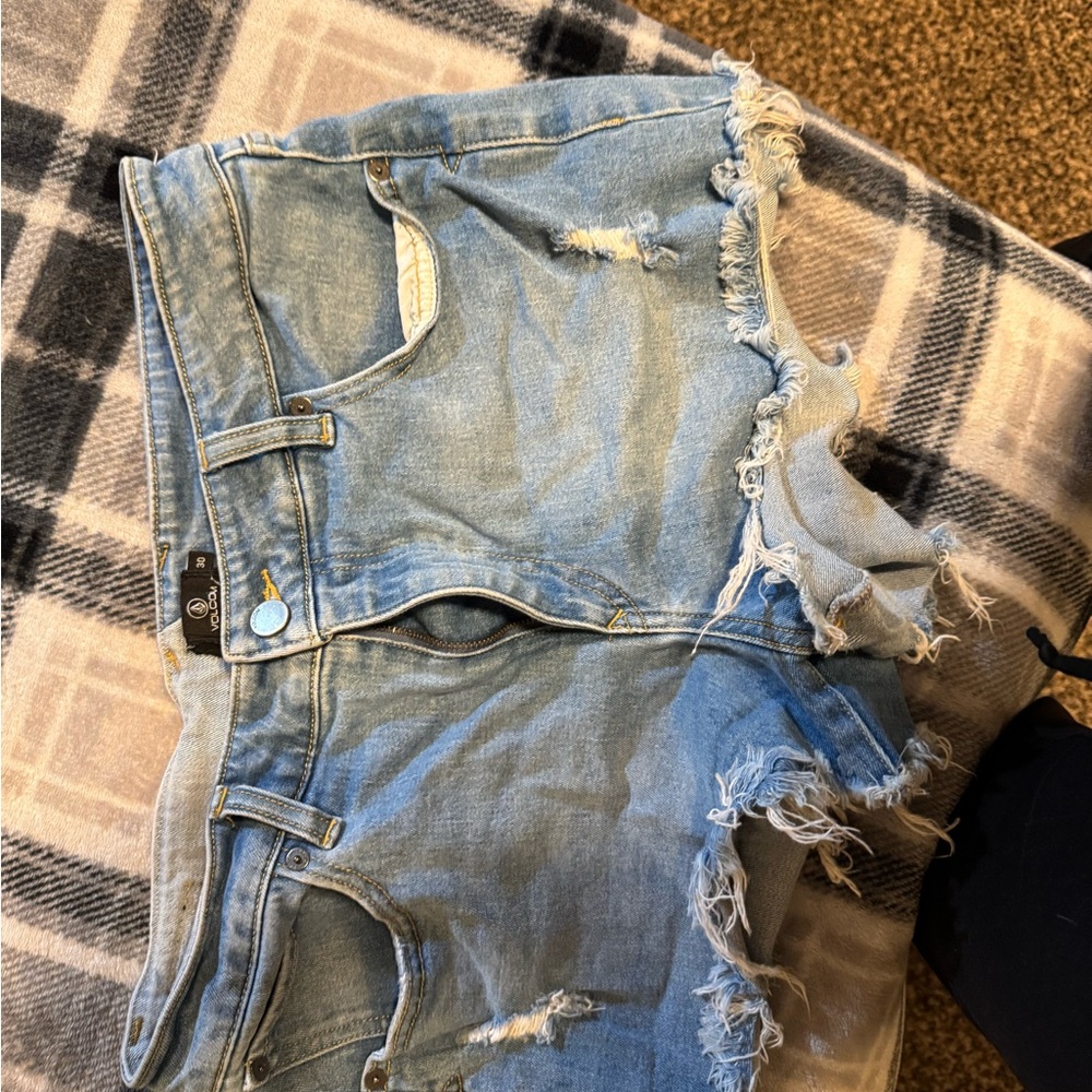 Volcom Distressed Light Blue Denim Shorts size 30